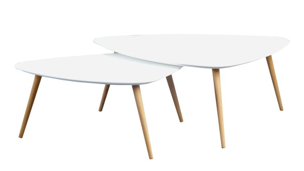 M2 Kollektion 2-Satztisch Niko weiß Zweiteiliges Tischset weiße Tischplatte organisch geformt Holzbeine modern skandinavisch platzsparender Couchtisch oval dekorativ