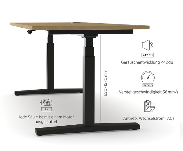 Nowy Styl Schreibtisch eUP 3 Hickory/Schwarz Tisch bis 128 cm elektrisch höhenverstellbar Bürotisch modernes Design