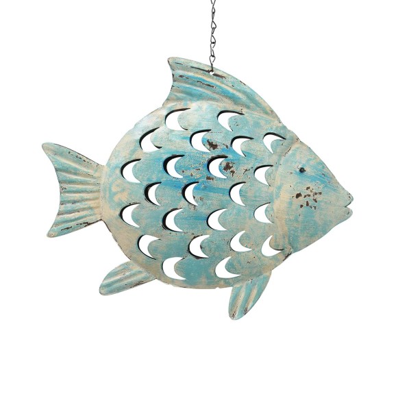 Boltze Hängefigur Suki türkis Fisch-Figur zum Aufhängen Metall-Fisch Dekoanhänger maritim Strandhaus-Look türkis blau creme