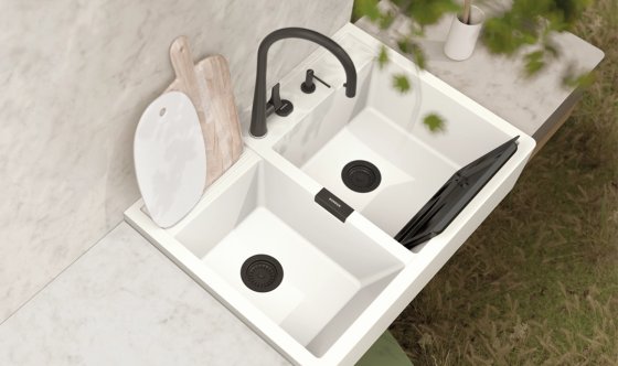 Schock Spüle mit Frontblende Doppelbecken Küchenspüle zwei Becken schwarze Küchenarmatur modern weiß hochwertig Quarzkomposit
