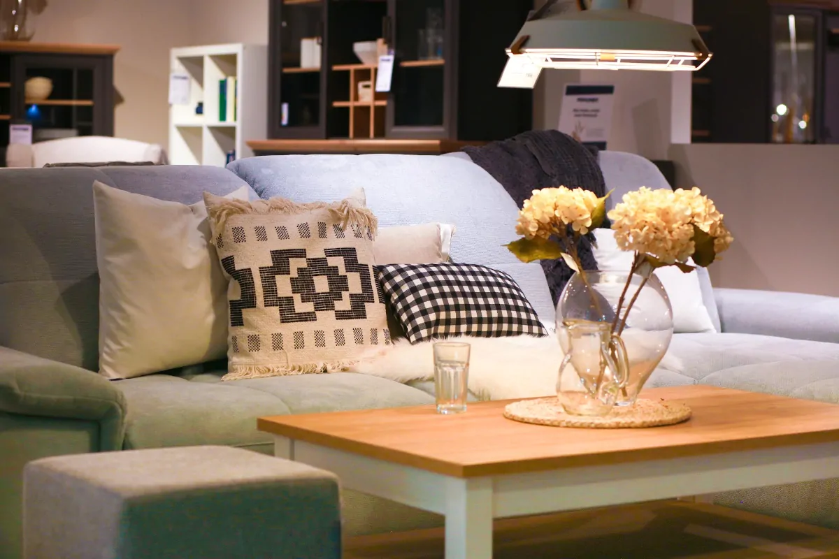 trend-landhaus-stil-wohnzimmer-sofa-couch-garnitur-couchtisch-kissen-decken-hocker-vase-kunstblumen