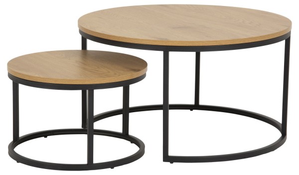 Actona Couchtisch-Set Spiro Wildeiche 2er-Set Wohnzimmertische runde Tische im Set schwarzes Metallgestell Holzoptik Tischplatte modern rustikal