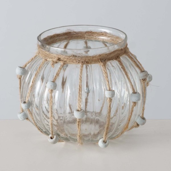 Boltze Windlicht Blupa Kerzenglas mit Perlen maritim Garn Strandlook Strandhaus-Deko