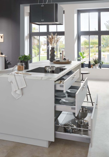 Nobilia Einbauküche Laser Seidengrau Kochinsel mit Stauraum Arbeitsplatte Marmoroptik weiß grau Kücheninsel Vollauszüge