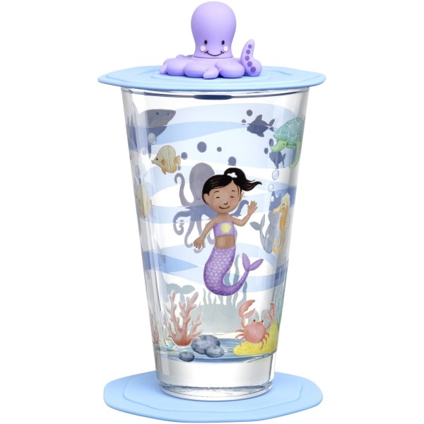 Leonardo Trinkset L  Bambini Meer 3-teiliges Trinkset für Kinder Glas mit Meerjungfrau Motiv Silikondeckel süßes Kinderglas 200-300 ml spülmaschinengeeignet