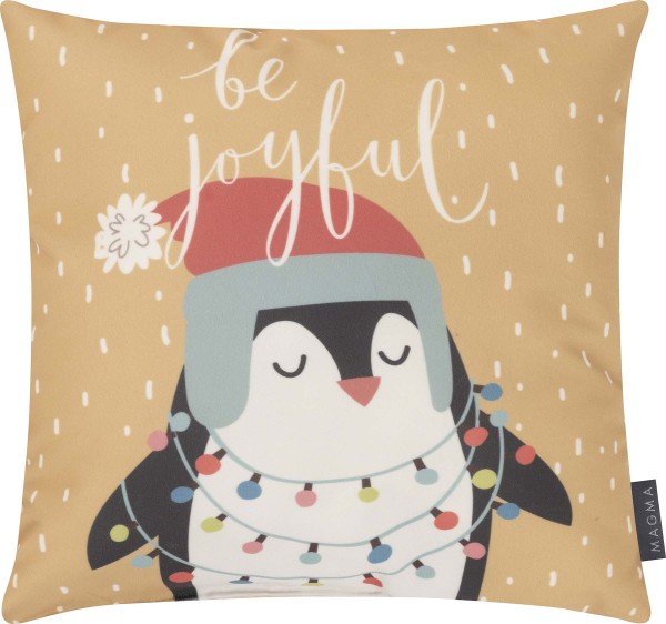 Magma Heimtex Kissen Merry Kids Pinguin Dekokissen Winter Weihnachten Pinguinmotiv Schriftzug be joyful mehrfarbig Pinguin mit Mütze Lichterkette