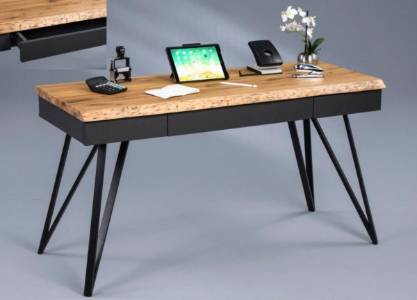 M2 Kollektion Schreibtisch Dubai Wildeiche Tisch Massivholz Holzplatte Holz und Metall 3 Schubladen Homeoffice Bürotisch Metallgestell schwarz