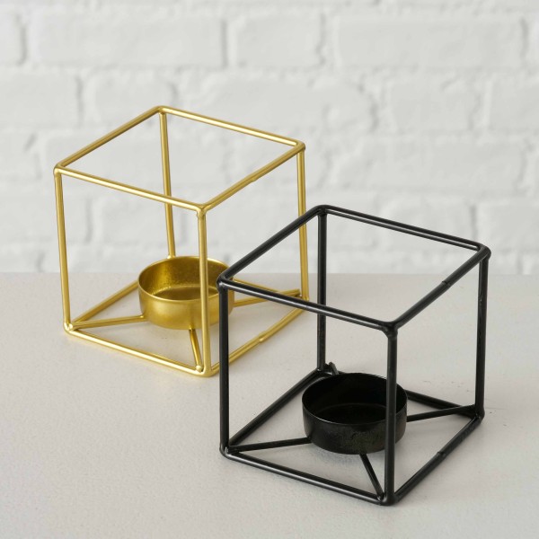 Boltze Teelichthalter Bux Schwarz Kerzenhalter schwarz Metall quadratisch rechteckig modern Scandi skandinavischer Look gold Deko